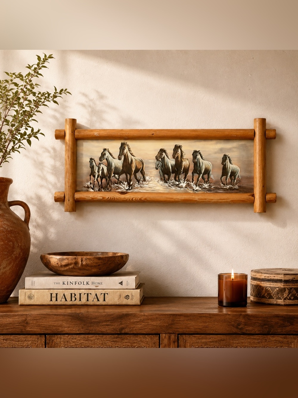 Vintage Running Horses Rustic Wood Frame Wall Art 8x24” Western Cabin Decor - Picture 1 of 10
